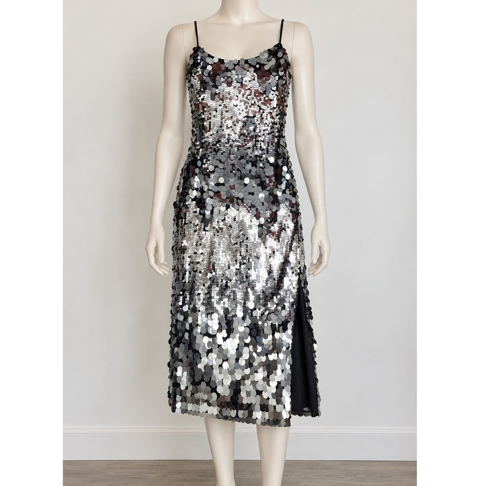 Avec Les Filles Silver Sequin Disc Slip Dress Size 14 Metallic Midi Side Slit